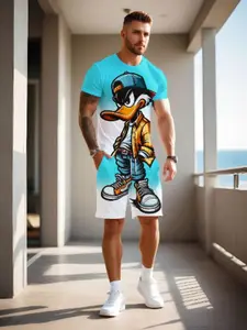 Men's Summer Gradient Patchwork Set, Cartoon Pattern Print Short Sleeve T-Shirt and Shorts, Breathable and Quick-Dry, Ideal for Outdoor Activities