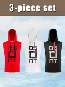3 Piece Letter Fashion Printed Casual Breathable Comfortable Men's Hooded Sports Fitness Sleeveless Tank Top Basketball Running Casual Athletic Clothing High Stretch Quick Drying Top Spring Summer Outdoorfun