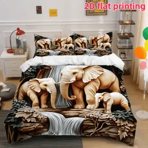 2D Flat 3Pcs Cartoon Elephant Family Duvet with Waterfall Scene, Soft Microfiber Bedding for Bedroom Dorm Decor (1 Cover + 2 Pillowcases, Unfilled), Wildlife Animal Theme Home Textile