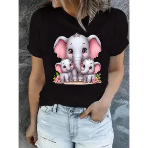 Women S Cute Elephant Family Graphic T Shirt Soft Stretchy Round Neck Short Sleeve All Season Comfort Casual Sportswear Playful Pink Gray Elephant Design