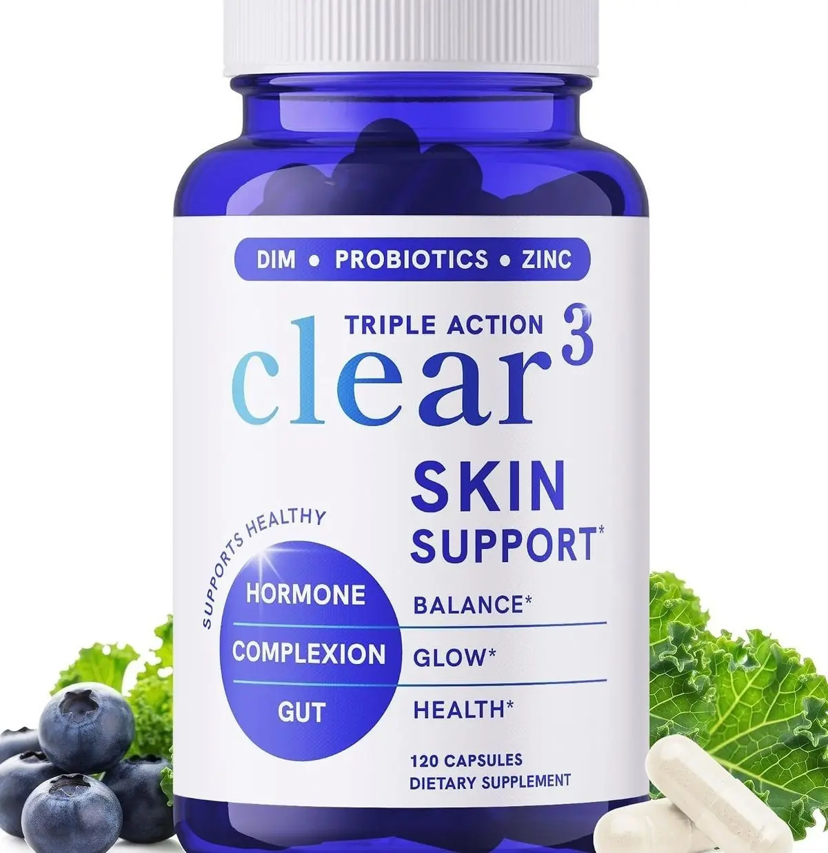 Clear Skin Supplement with Zinc, DIM & Probiotics | 3-in-1 Hormone, Gut & Complexion Support | Triple Action Hyaluronic Acid, Niaciminide & Vitamins for Skin Balance, Glow & Health Support | 120 Ct