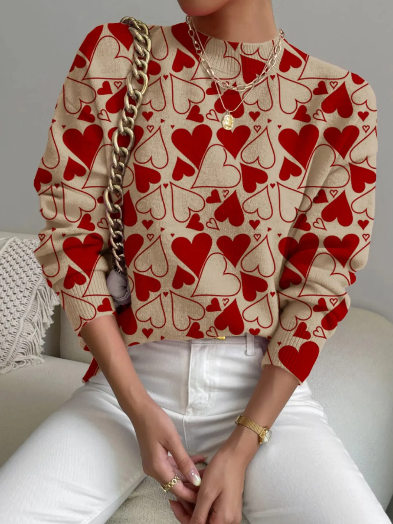 Women's Stylish Heart Print Sweater with High Neck, Fitted Long Sleeve Design for All Seasons, Cozy and Versatile Knitwear, Elegant Fitted Knit Top