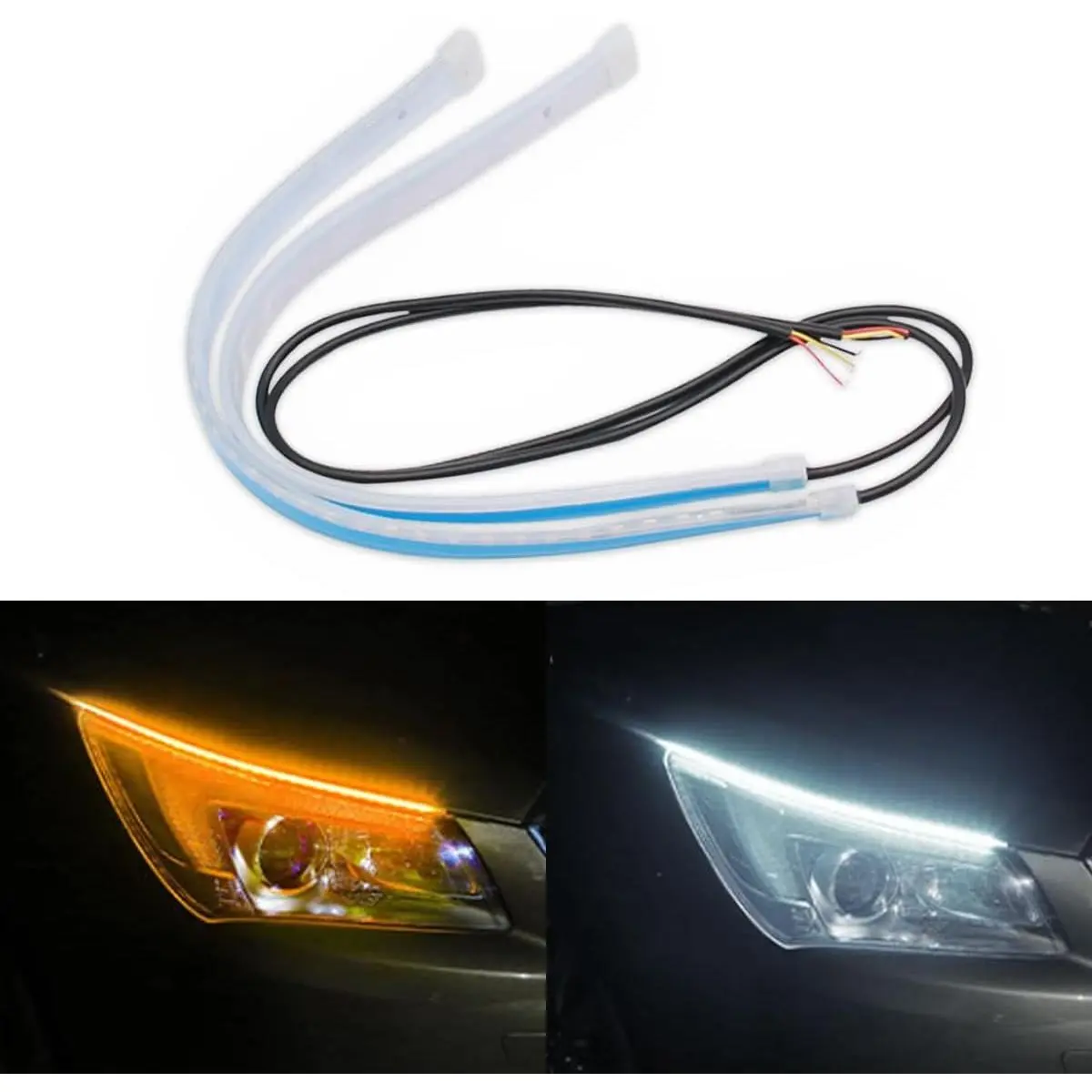 2PCS 18in/24in Flowing Sequential LED Headlight Strip, Switchback DRL & Amber Turn Signal, Flexible Waterproof Light Bar for Car Truck SUV
