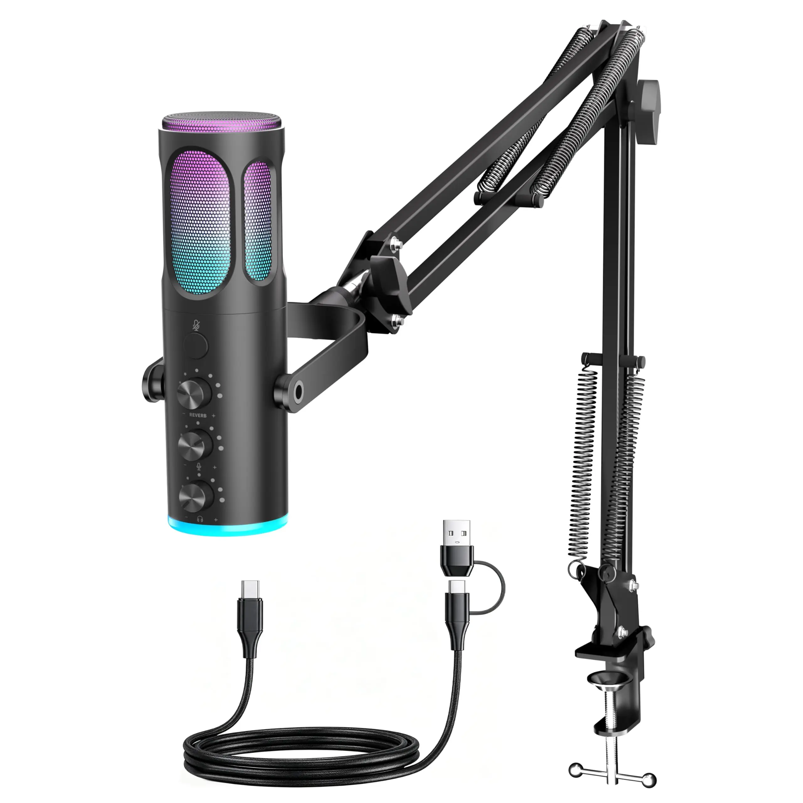 PUPGSIS RGB Podcast & Gaming Mic Kit – USB Condenser with Noise Reduction, Arm Stand, Plug & Play for PC/PS5