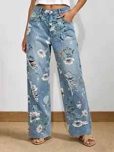 Women's Ripped Floral Print Denim Jeans, Casual Loose Fit Vintage Style, Long Pants for Everyday Wear, Fashionable and Comfortable