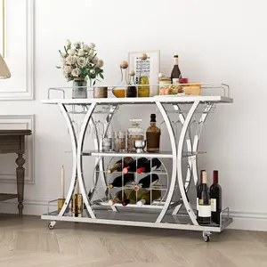 Silver Bar Carts with Glass Holders & Wine Rack,3 Tier Home Bar Serving Carts with Glass Shelves,Metal Rolling Bar Carts for The Home Kitchen, Party