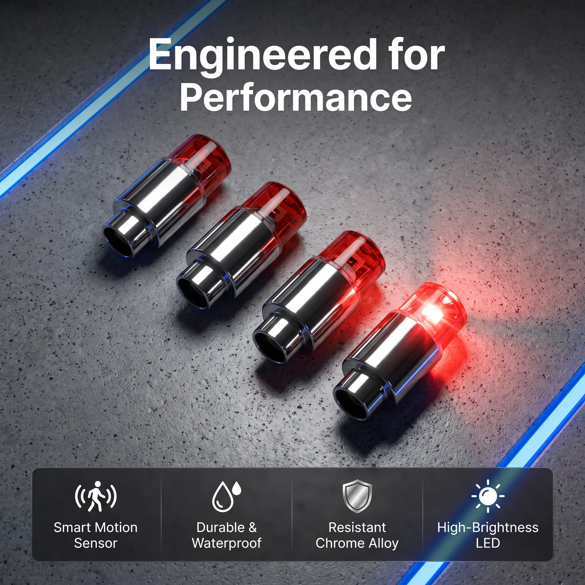 4-Pack LED Tire Valve Caps with Motion Sensor, Vibration-Activated Auto On/Off, Red Light, Chrome-Plated Alloy Base & Waterproof Design, for Cars, Motorcycles & Bicycles Night Safety & Decoration (4 Pack)