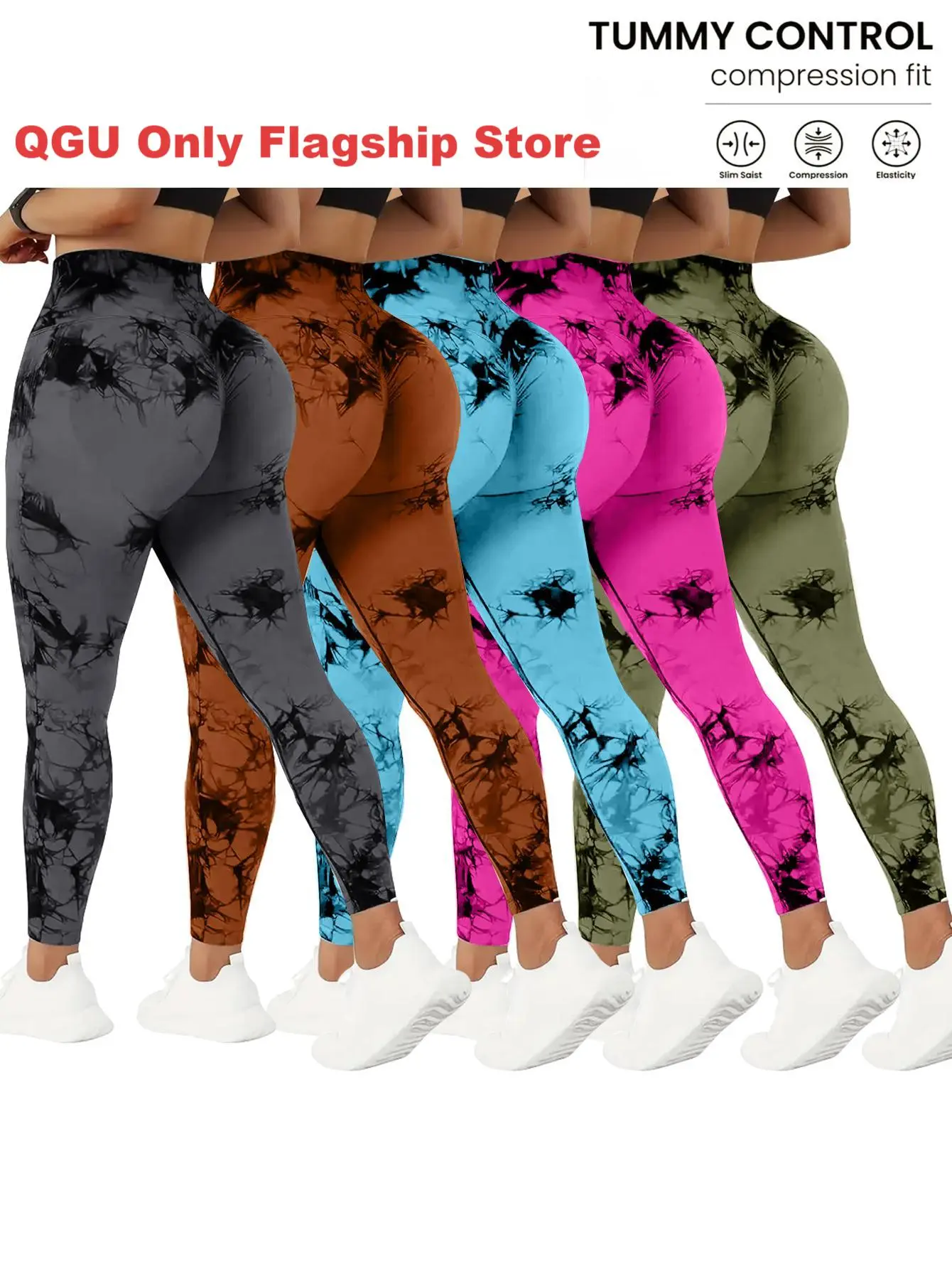 QGU 5-Pack Women's Tie-Dye Yoga Pants, High Waist High Stretch Leggings with Tummy Control and Peach Lift for Workouts, Pants For Women