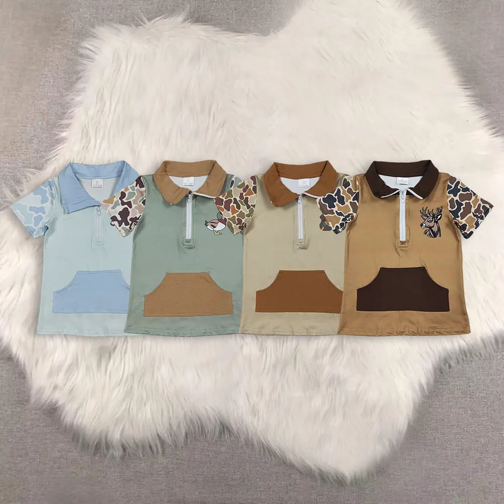 New cute Sibling Kids Boys Camouflage Short Sleeve Pullover with Duck Pocket Brown Deer Casual Fashion for Children tops boys  clothing