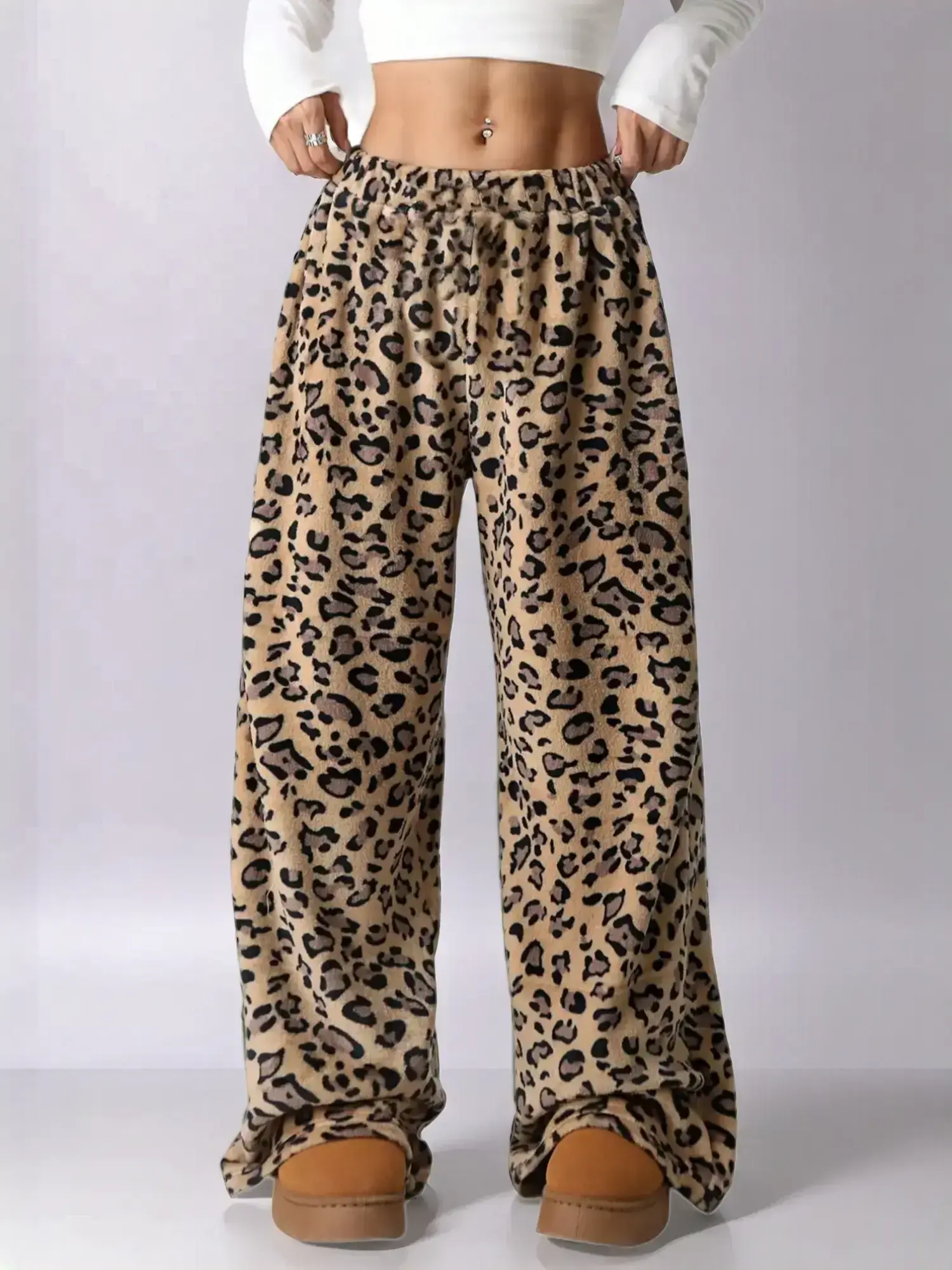 Women's Leopard Print Bow Decor Wide Leg Pants, Casual Comfy Stretchy Trousers for Daily Wear, Ladies Bottoms for Fall & Winter