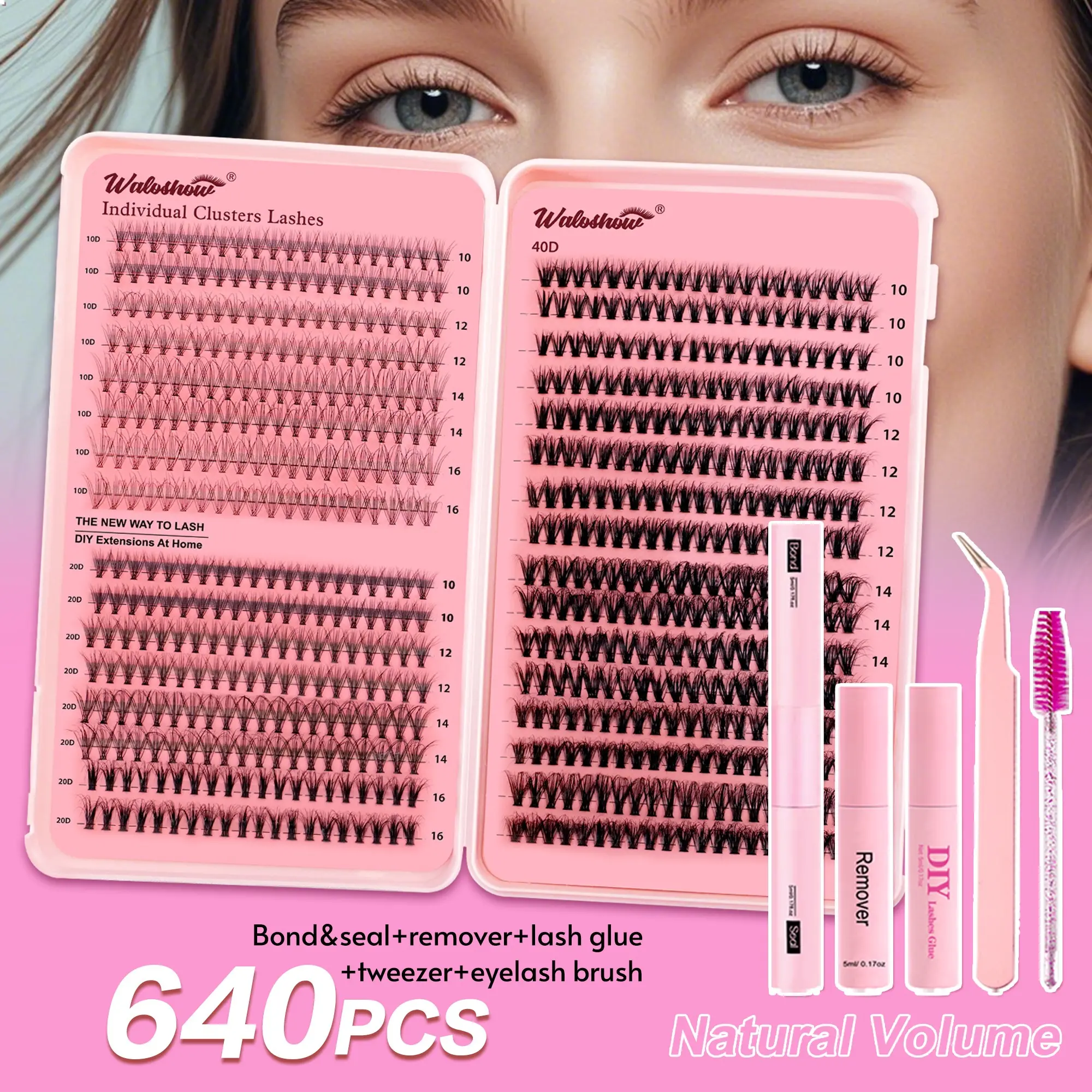 640 Individual Eyelash Clusters Extensions False Eyelashes, Volumized False Eyelashes, Cosmetic Lash Extensions, 10D 20D 40D, Volume Individual Lashes, Professional Glue Set, Lash Kit, DIY Natural Curl Effect, Reusable Soft Lightweight