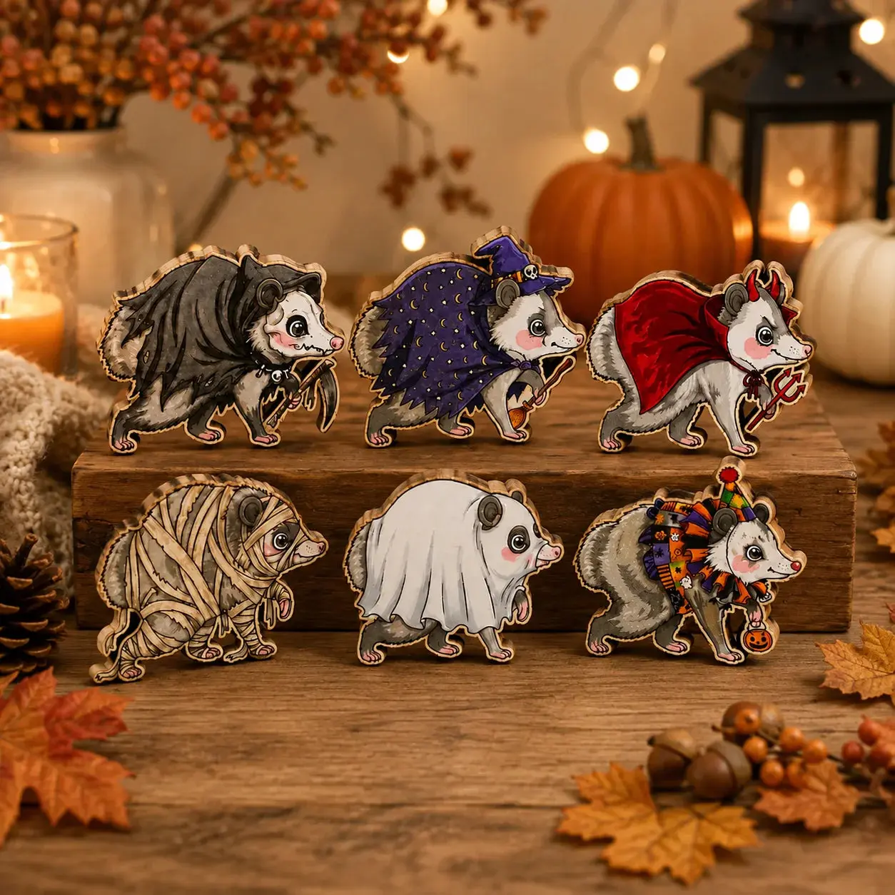 Cute Halloween Opossum Wooden Cutout Spooky Possum Shelf Sitter Fall Tiered Tray Decor