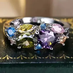 Silver-Plated Geometric Design Multi-Color Sparkling Zircon Ring - Elevated Style, Stackable Rings, Wedding Bands, Premium Quality, Durable Jewelry Accessory