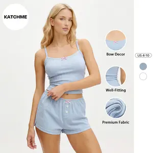 Katch Me Women's Elegant Adjustable Strap Bow Decor Stretch Camisole & Shorts Co-ord, Basic Two Piece Outfits, Breathable Sleeveless Daily Wear