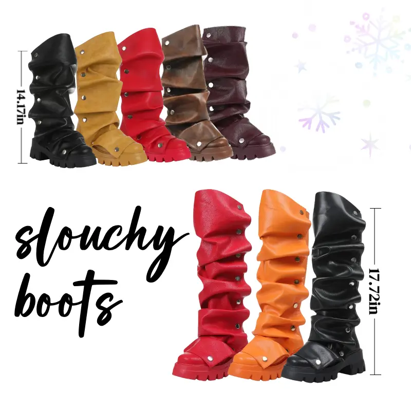 Women's PU Leather Plain Mid-Calf Slouchy High Heel Boots - Chunky Platform Heel, Ruched Design, Fold-Over Round Toe, Rubber Sole, Slouchy Look, Fall Winter Walking Statement Shoes, Chunky Heel