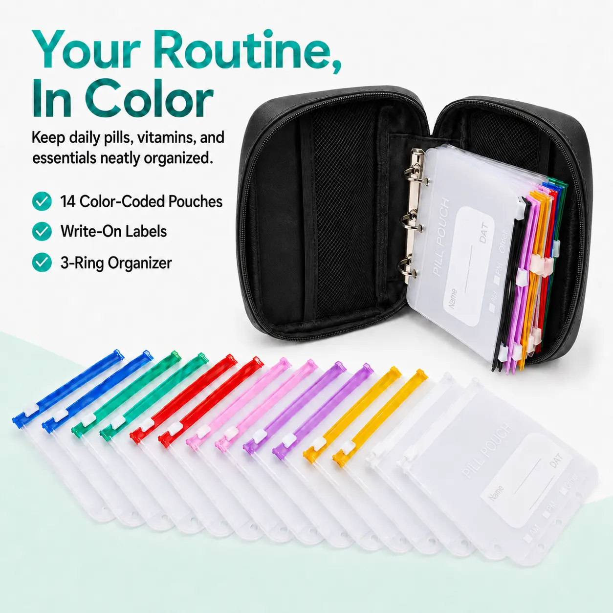 A8 Waterproof Pill Pouch Set, Large Weekly Pill Organizer with 14 Color-Coded Medicine Pouches, Reusable Travel Medicine Organizer, Zippered Pill Storage for Fish Oils, Vitamins, dealsforyou, summerwins