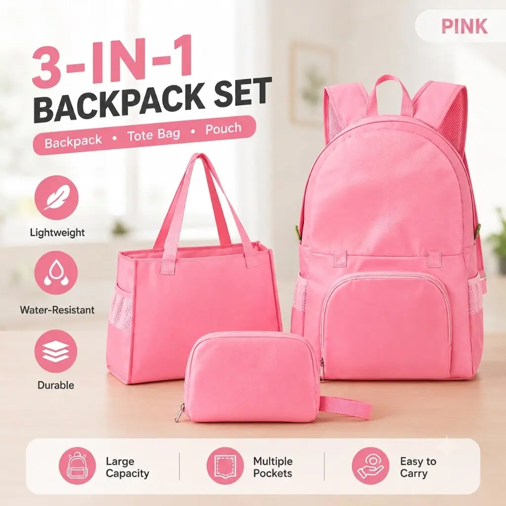Women's 3-Piece Packable Multifunctional Convertible Hands-Free Backpack Set - Foldable Carry-All with Chest Bag & Coin Purse, Easy to Clean, Large Capacity for Back-to-School, Travel, Packable Backpack, Multifunctional Backpack