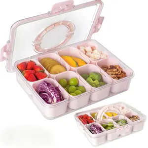Snack container with lid and handle, 8-divider tray organizer for portable snack platters, modern transparent divider tray, perfect for kitchen use, parties, outings, and outdoor picnics (1 piecel Bpa Free Plastic Airtight Food Storage
