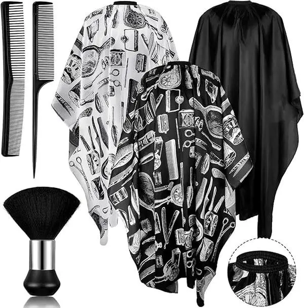 6PCS Classic Style Salon Barber Capes Set with Adjustable Snap Closure Neck Duster Brush and Combs, Men Capes for Hair Stylist Hair Cutting Hairdresser Stylists