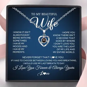 Gift box Heart-shaped projection necklace for wife, necklace for wife, I love you more, birthday, anniversary, wedding, Valentine's Day, Christmas gift for beautiful wife with greeting card, elegant bohemian style jewelry