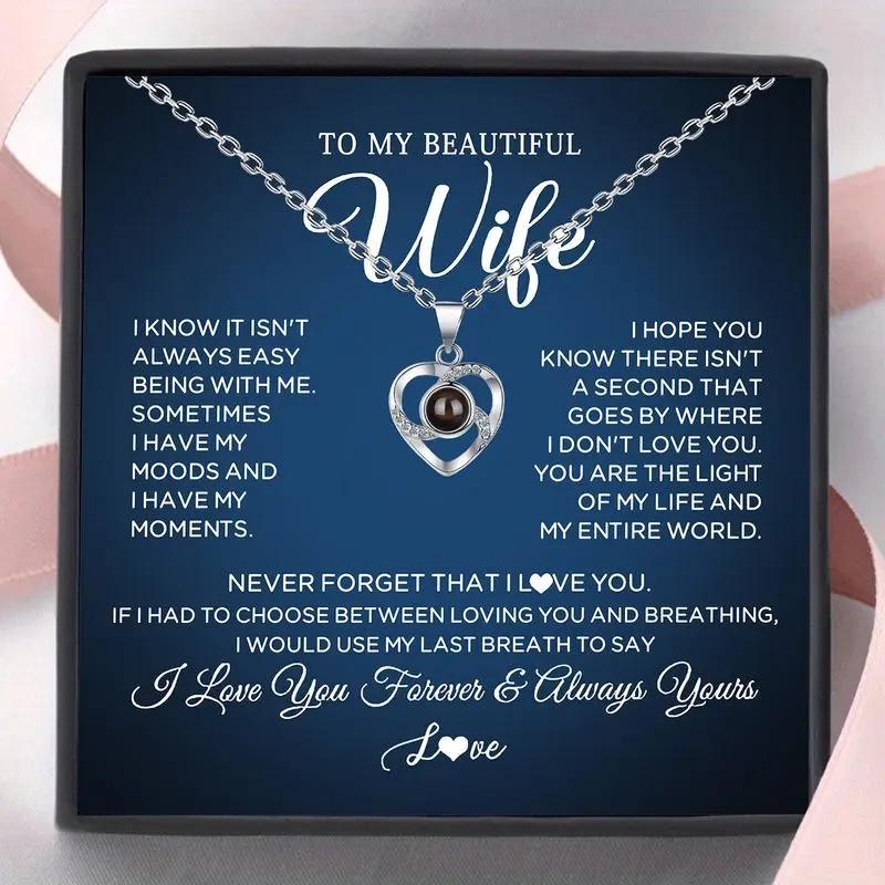 Gift box Heart-shaped projection necklace for wife, necklace for wife, I love you more, birthday, anniversary, wedding, Valentine's Day, Christmas gift for beautiful wife with greeting card, elegant bohemian style jewelry