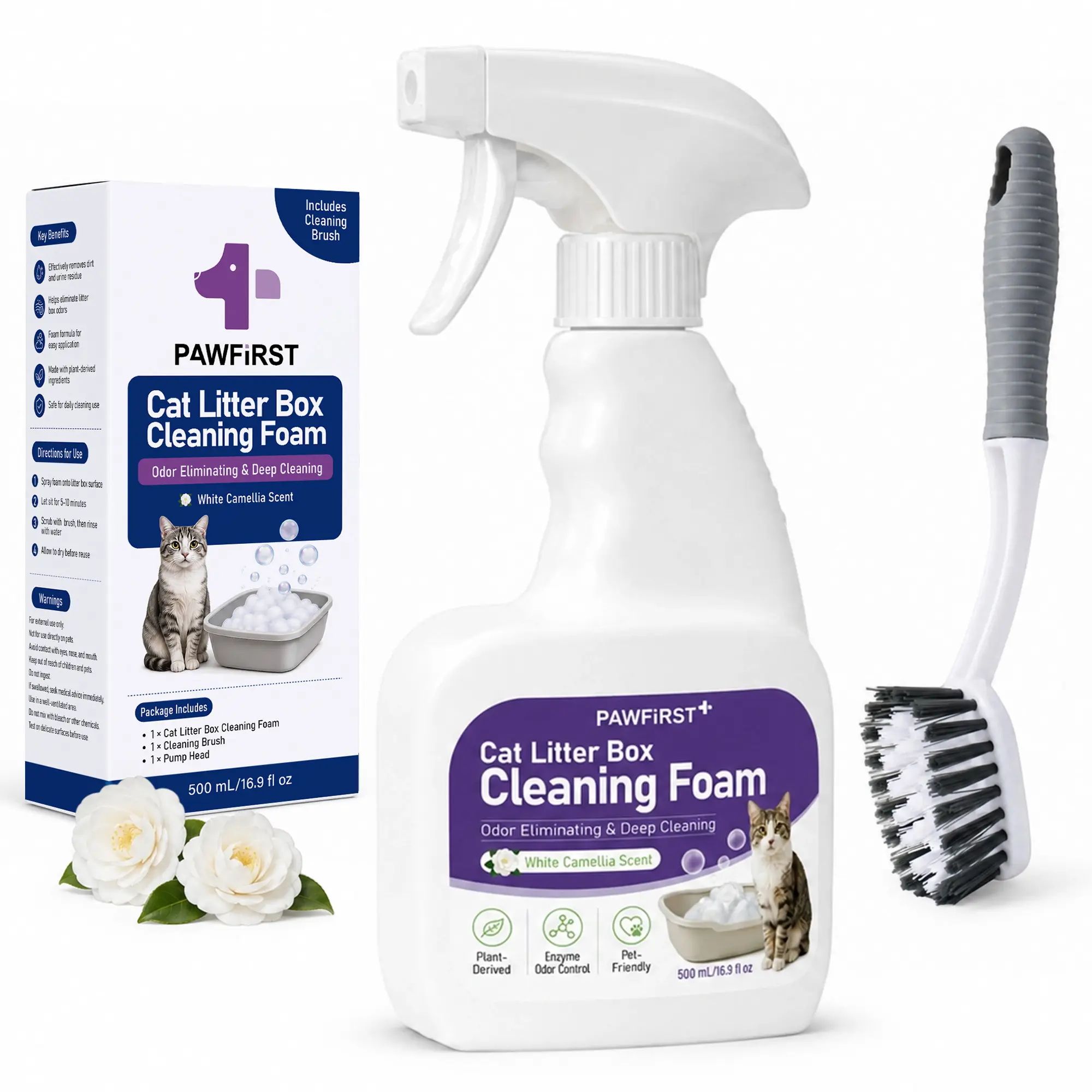 PawFirst Cat Litter Box Foam Cleaner with Free Cleaning Brush, 500ml Plant Bio-Enzyme Odor Neutralizer, White Camellia Scent Pet-Safe Stain Remover for All Cat Litter Box Types