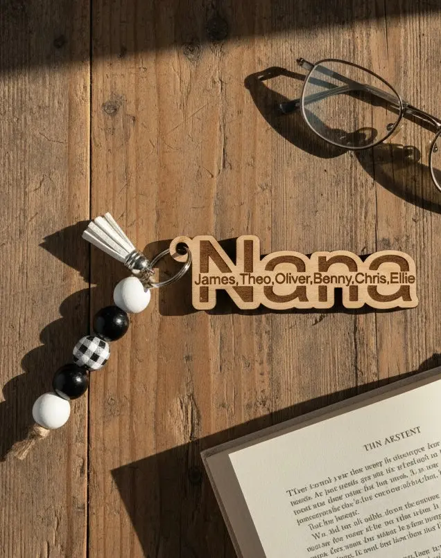 Nana Personalized Keychain with Kids Names, Wood Engraved Nana Keychain, Mother's Day Gift from Grandkids, Grandma Gift