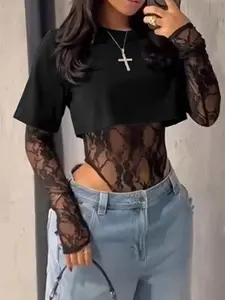 Women's Sexy Sheer Lace Short Sleeve Crop Top, Solid Color Lace Patchwork See-Through Sexy Bodysuit For Daily Wear, Dating, Single Party, Stage Performance, Spring/Summer Black Elegant