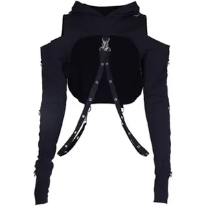 Women Hoodies Bandage Crop Tops Long Sleeve Pullover Sweatshirt for Rave Festivals Streetwear