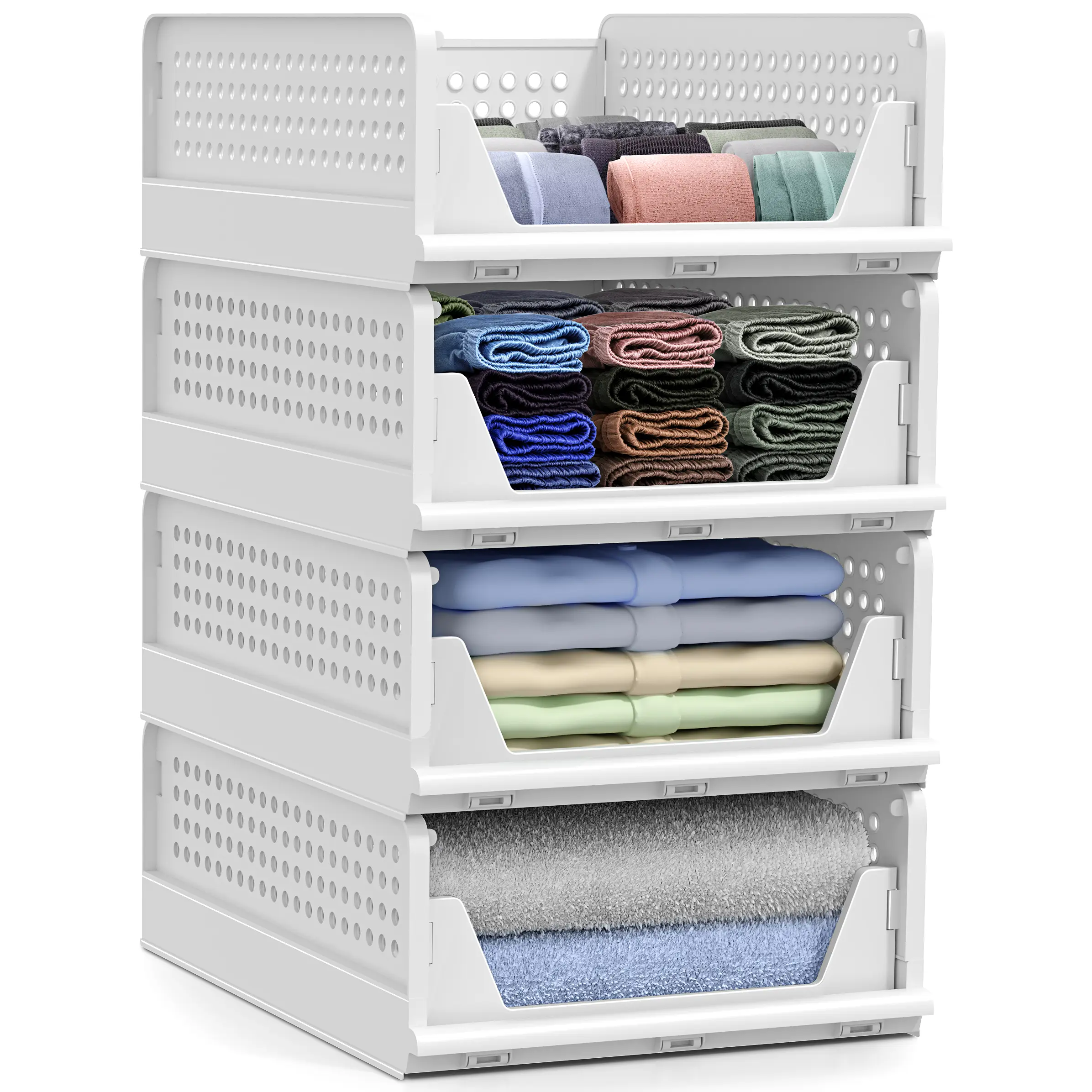 Sorbus Plastic Stackable Shelf Organizer - 4-Piece Medium White Storage Baskets for Closet, Kitchen