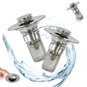 2 Pack Bathroom Sink Stopper, Universal Pop Up Drain Filter with Hair Strainer for 1.06-1.50in Drains, Stainless Steel US Standard Floor Drain Protector