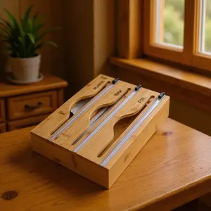 3 in 1 Bamboo Plastic Wrap Dispenser with Cutter, Foil and Wax Paper Organizer, Kitchen Drawer Storage, Compatible with 12" Roll