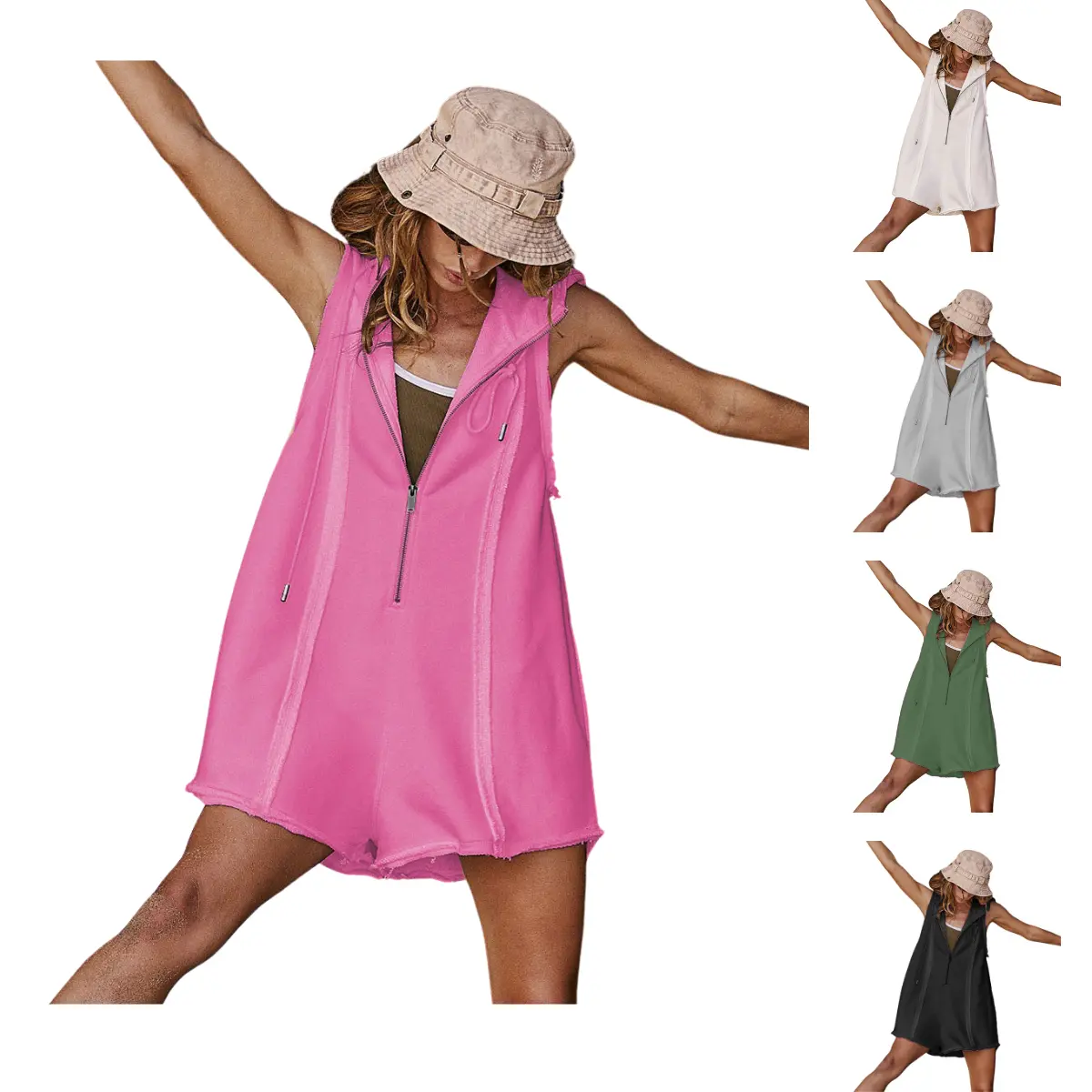 Molitree Women's Sports Jumpsuit Short Half Zipper Fitness Wear Outdoor Casual Sleeveless Loose Hoodie Pink Overalls Minimalist Womenswear Athletic Style Activewear Activewear Clothing