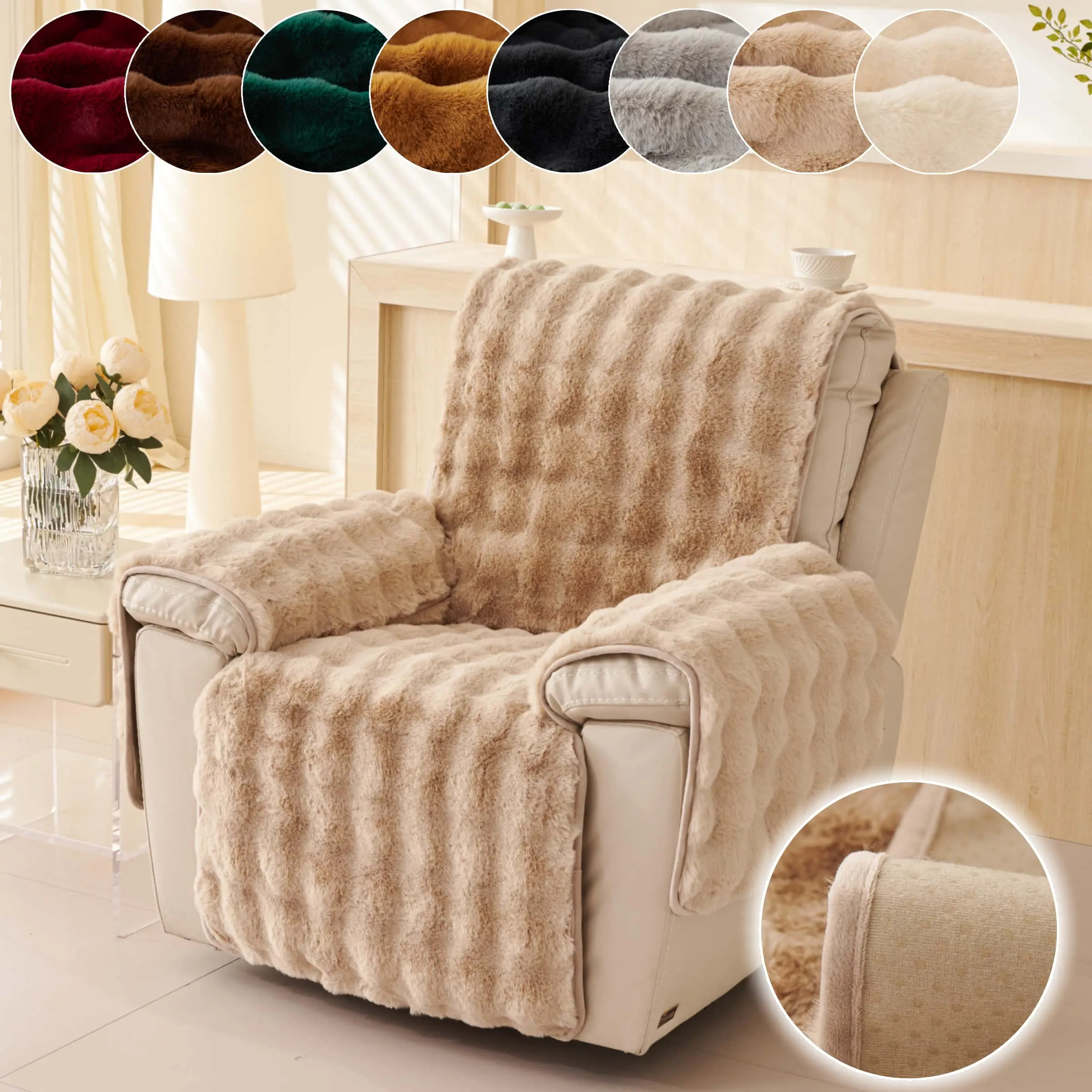 Plush Recliner Slipcovers, 1 Count Soft Fuzzy Fluffy Sofa Couch Cover Washable Reusable Couch Protector Anti-Slip Furniture Protector with Elastic Bottom for Cats Dogs
