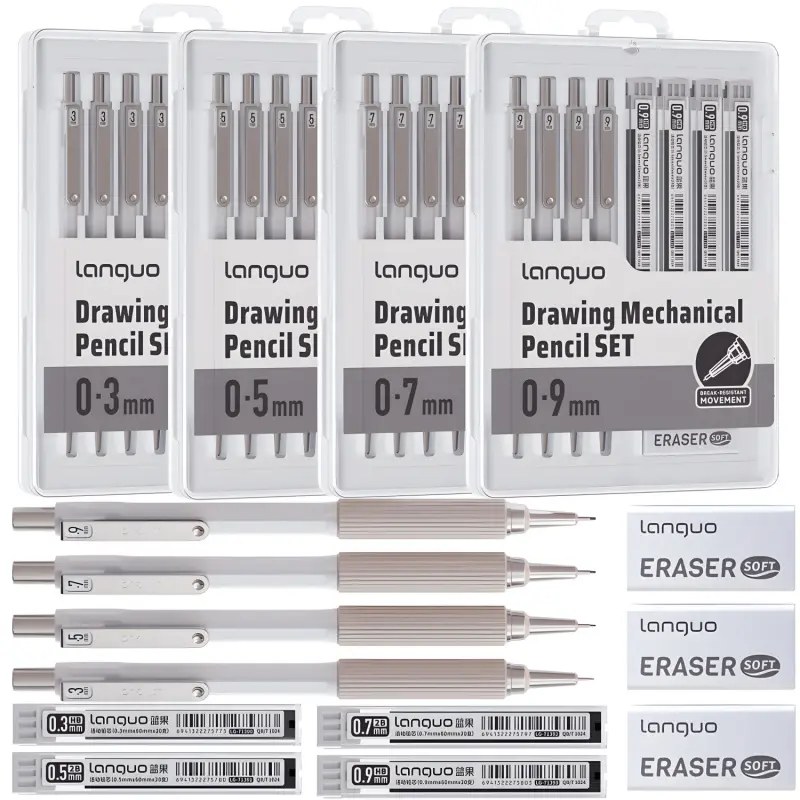 Metal Mechanical Pencil Set,Retractable pen tip,Anti-break core,4PCS Art Drafting Pencils0.3, 0.5, 0.7, 0.9MM with 80PCS Leads Refills 3PCS Erasers Case for Writing Sketching Drawing Art Supplies Art Materials Writing Stationery
