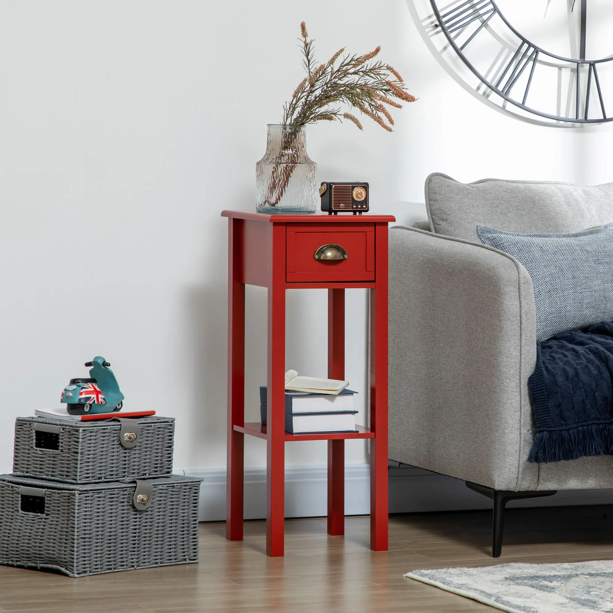 2-Tier Red Slim Narrow Side Table with Slide Drawer & Open Shelf, Multi-Functionality Corner Minimalist Bedside Table for Living Room & Small Apartment Use, Corner Bedside Tables, Minimalist Bedside Tables
