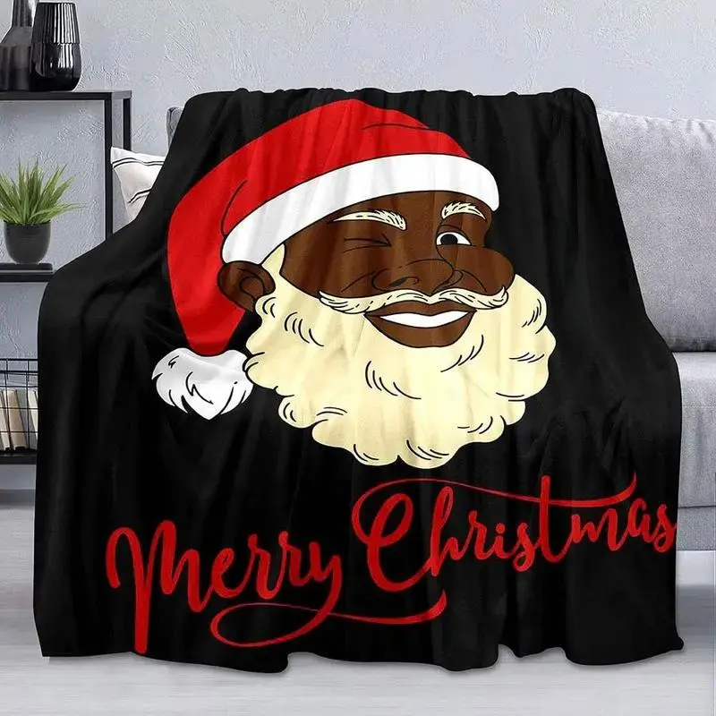 Black Santa Christmas Flannel Throw Blanket, Merry Christmas Soft Fleece Blanket, Cozy Holiday Plush Throw for Couch Bed Sofa, Winter Gift for Family & Friends