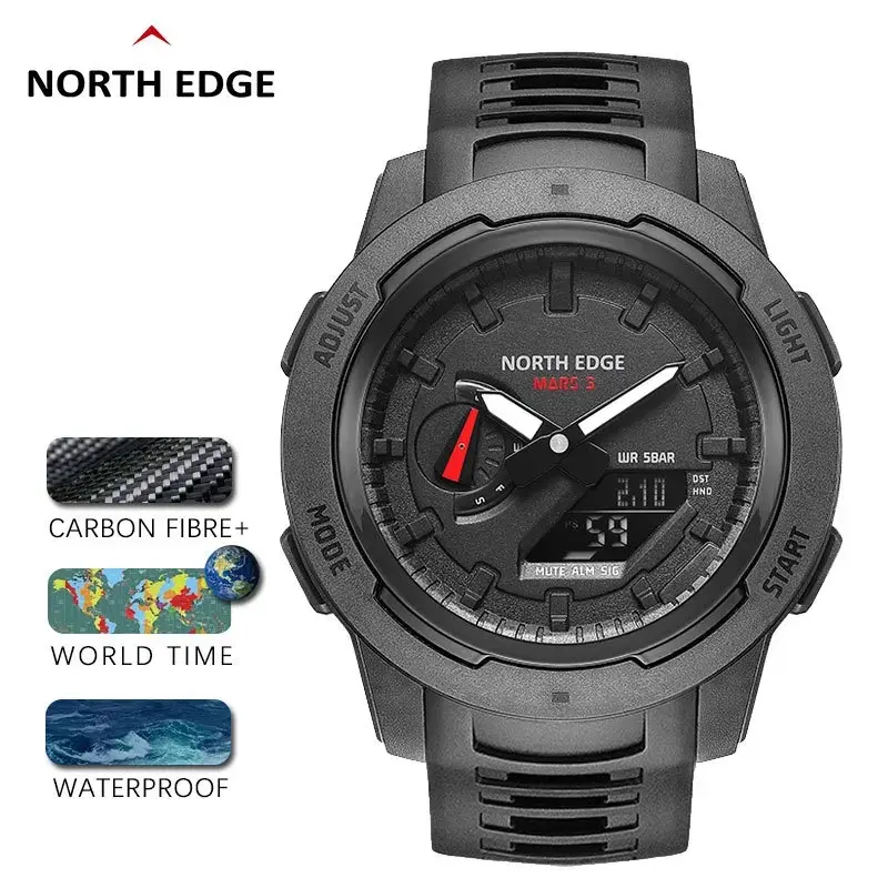 North Edge Mars 3 Men's Waterproof Field Watch, Carbon Fiber Casual Quartz Analog with Dual Display, Luminous Stopwatch & Alarm, Modern Waterproof Watch, Tpu