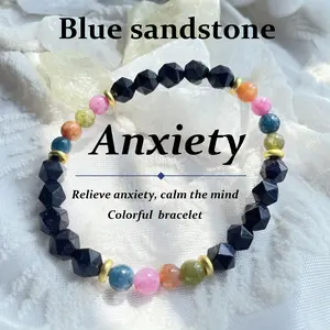 Natural Blue Sandstone Colorful Rainbow Crystal Bracelet, Good Luck & Emotional Healing Balance jewelry, Soothe Unease and Relieve Anxiety, April Birthstone, Unisex Accessory for Graduation Gift, Memorial Day Gift