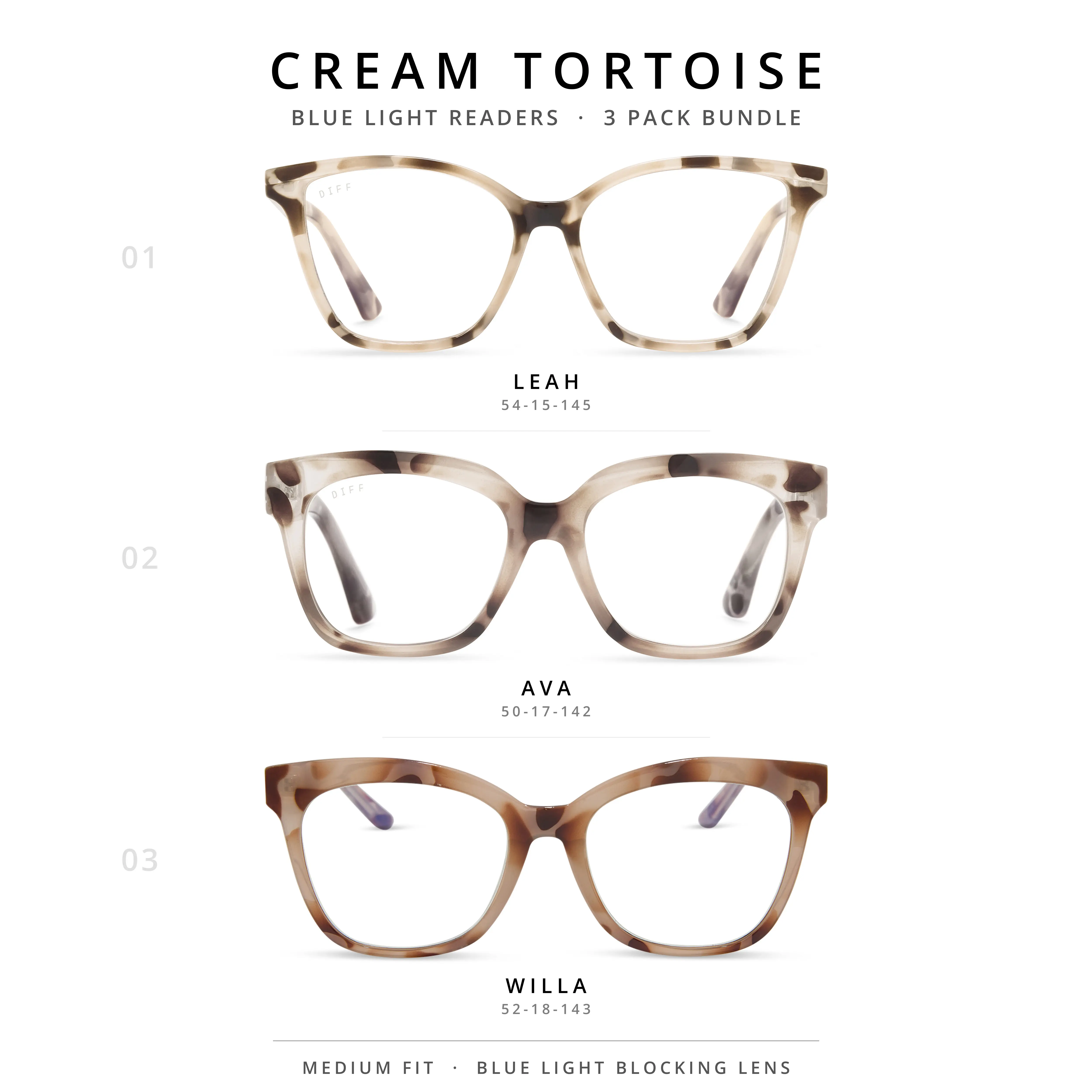 DIFF 3 Pack Cream Tortoise Reading Glasses - Ava, Willa & Leah