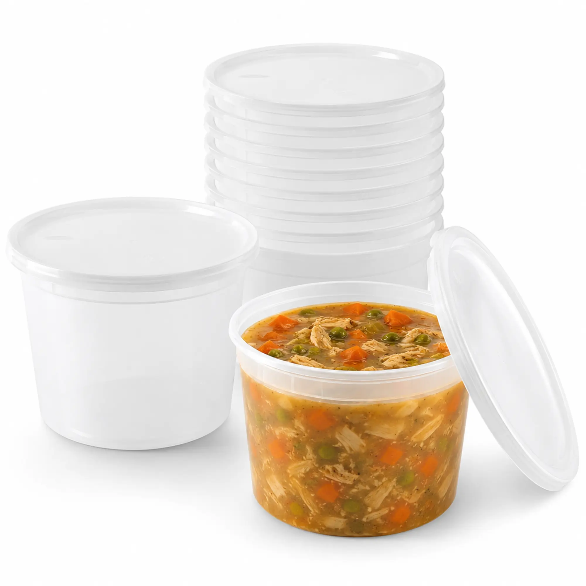 VeZee 64oz Deli Food Storage Containers with Lids, Extra Strong Disposable Plastic Containers, Leak Resistant Food Grade Freezer Safe Soup, Meal Prep & Take Out Containers for Kitchen & Restaurant. (Pack of 10)