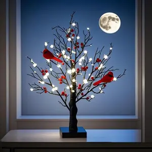 Fresh Berry Tree Table Decor Light, Christmas Centerpiece Ornament, Includes 2 Birds & Multiple Fruit Leds, Bird Decorations, 3 Aa Batteries & USB Plug