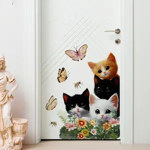 A creative Decorative Sticker wall sticker featuring a kitten, flowers, and butterflies, suitable for bedroom and living room background walls, home decoration, self-adhesive, M13576-KN