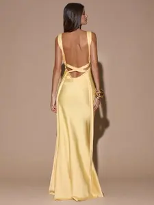 Women's Deep V Neck Maxi Dress | Backless Tie Formal Party Dress | Elegant Yellow Bridesmaid Vacation Outfit