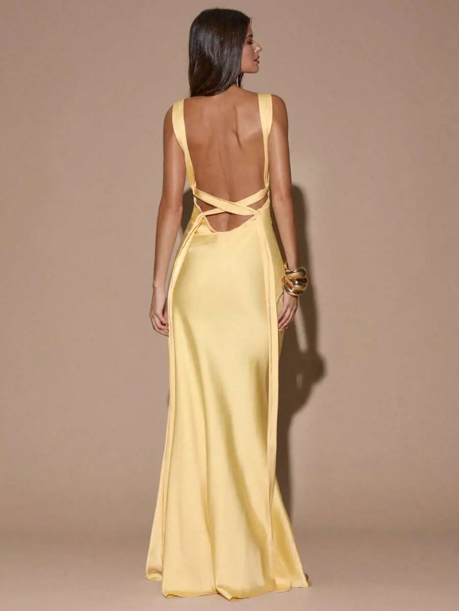 Women's Deep V Neck Maxi Dress | Backless Tie Formal Party Dress | Elegant Yellow Bridesmaid Vacation Outfit