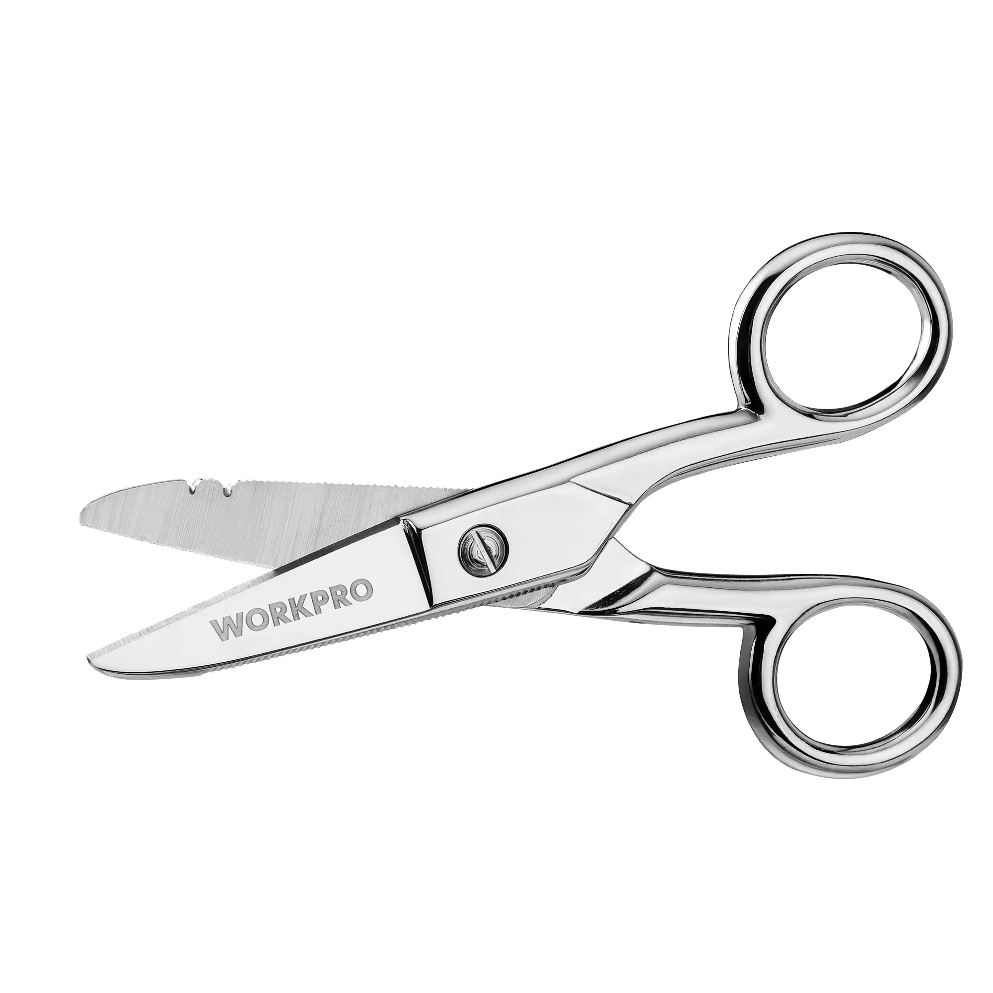 WORKPRO Electrician Scissors, 5-1/5 Inch Heavy Duty Scissors, Nickel-Plated Stainless Steel Snips with 19&23 Stripping Notches for Telecom and Electrical Work