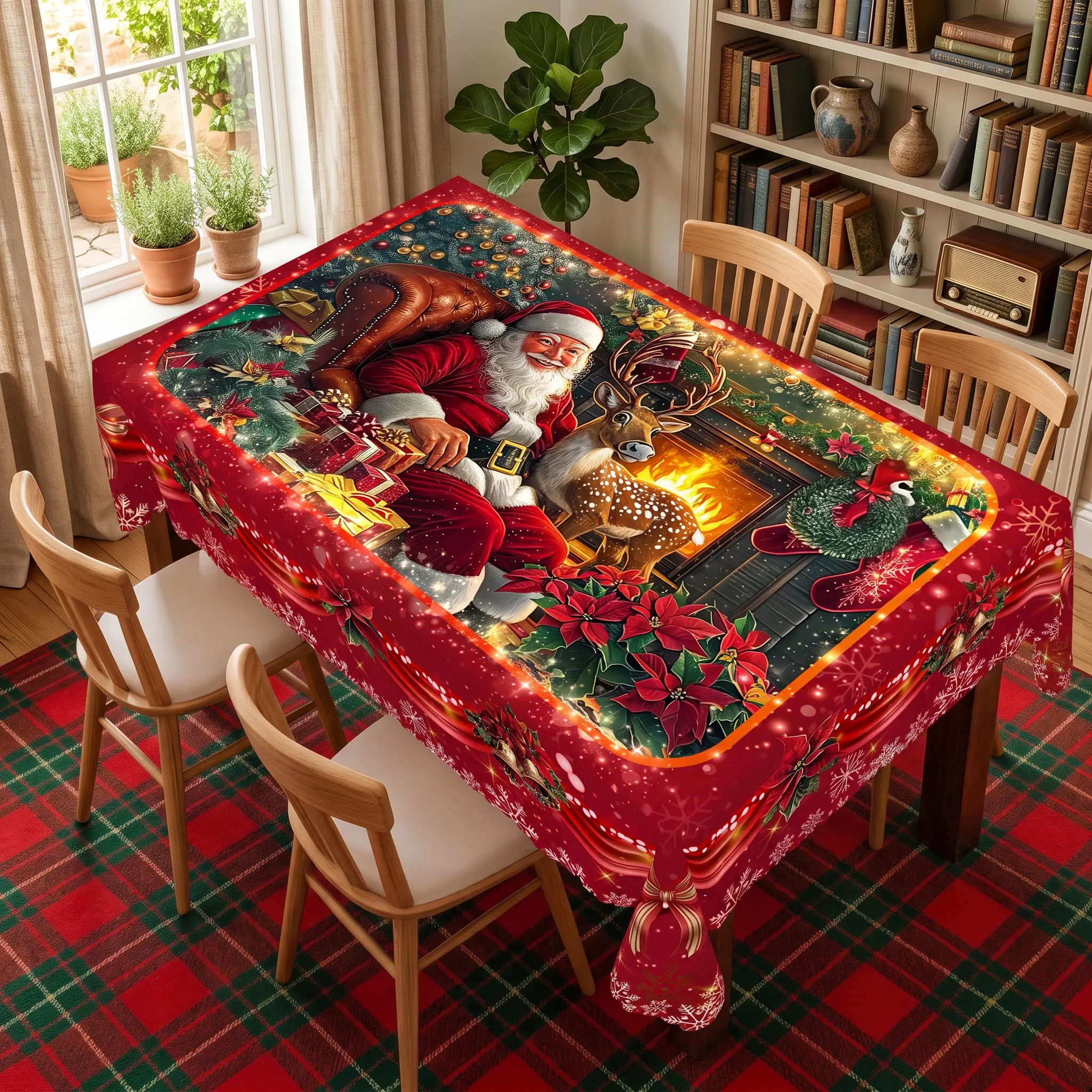 KOPOEELK Vintage Christmas Tablecloth with Santa Claus, Reindeer, Fireplace, Christmas Tree, Gifts and Poinsettia Patterns, Waterproof Fade-Resistant Round Rectangular Table Cover for Holiday Dining, Indoor Outdoor Christmas Party Decor