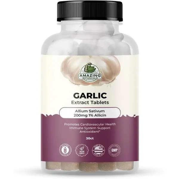 Amazing Botanicals Allicin-Rich Garlic Extract Edible Dietary Tablets - Allium Sativum Concentrated Botanical Extracts, 200mg 1% Allicin High-Potency Supplement for Immune & Cardiovascular Support, 30 Tabs for Full-Month Convenient Daily Use