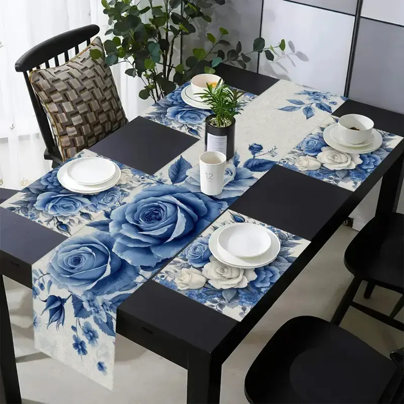 1 piece/5 pieces of blue rose flower pattern dining table placemat, Kitchen Decorative Placemat, Floral Pattern Placemat, Household Placemat, suitable for kitchens, restaurants, family gatherings, daily use