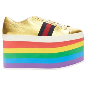 Pre-owned Gucci Women's Gucci Alessandro Michele Peggy rainbow web platform sneakers by Rebag